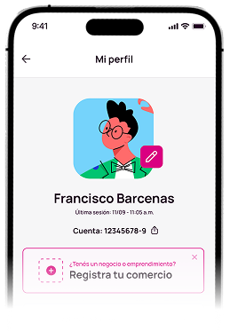 Pantalla de perfil de usuario con la opción registra tu comercio destacada