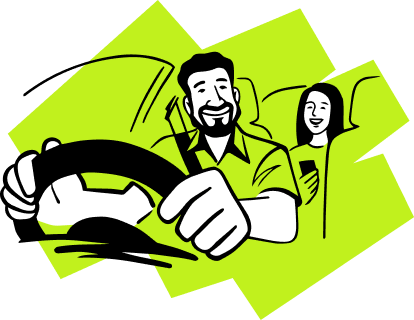 Conductor al volante sonriendo junto a una pasajera