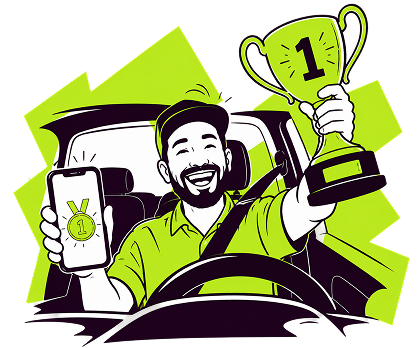 Conductor al volante con una copa de primer lugar.